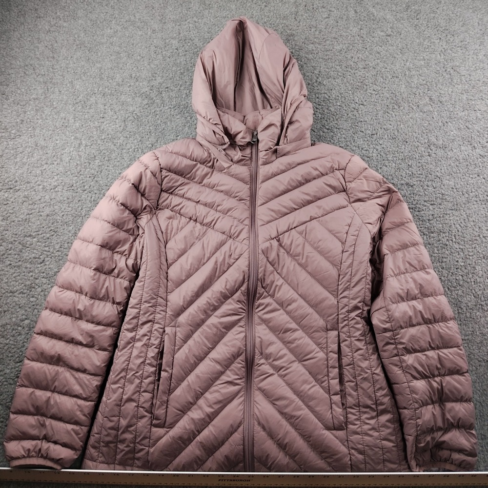 London Fog Womens Mauve Packable Down Puffer Jacket Hooded Chevron Quilt